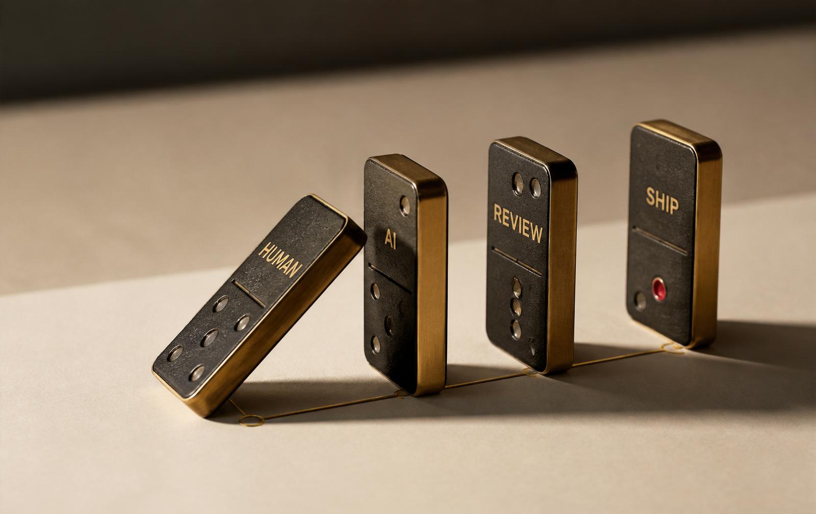 Four isometric objects on plinths, a crystal, an unfolded blueprint, a stacked pair of panels, and a solid block, connected by a continuous gold ribbon.