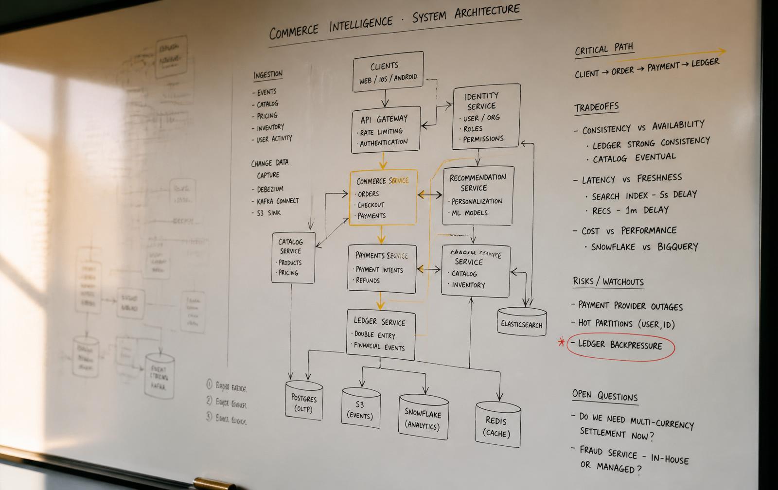 Isometric diagram: many input primitives on the left converge into a central obelisk labeled engineering judgment, then fan out to production surfaces on the right.