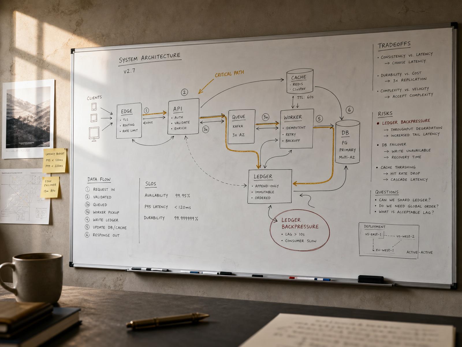 Control-room whiteboard covered in hand-drawn architecture: nodes, contracts, and a critical path traced in gold with a single risk noted in oxblood.