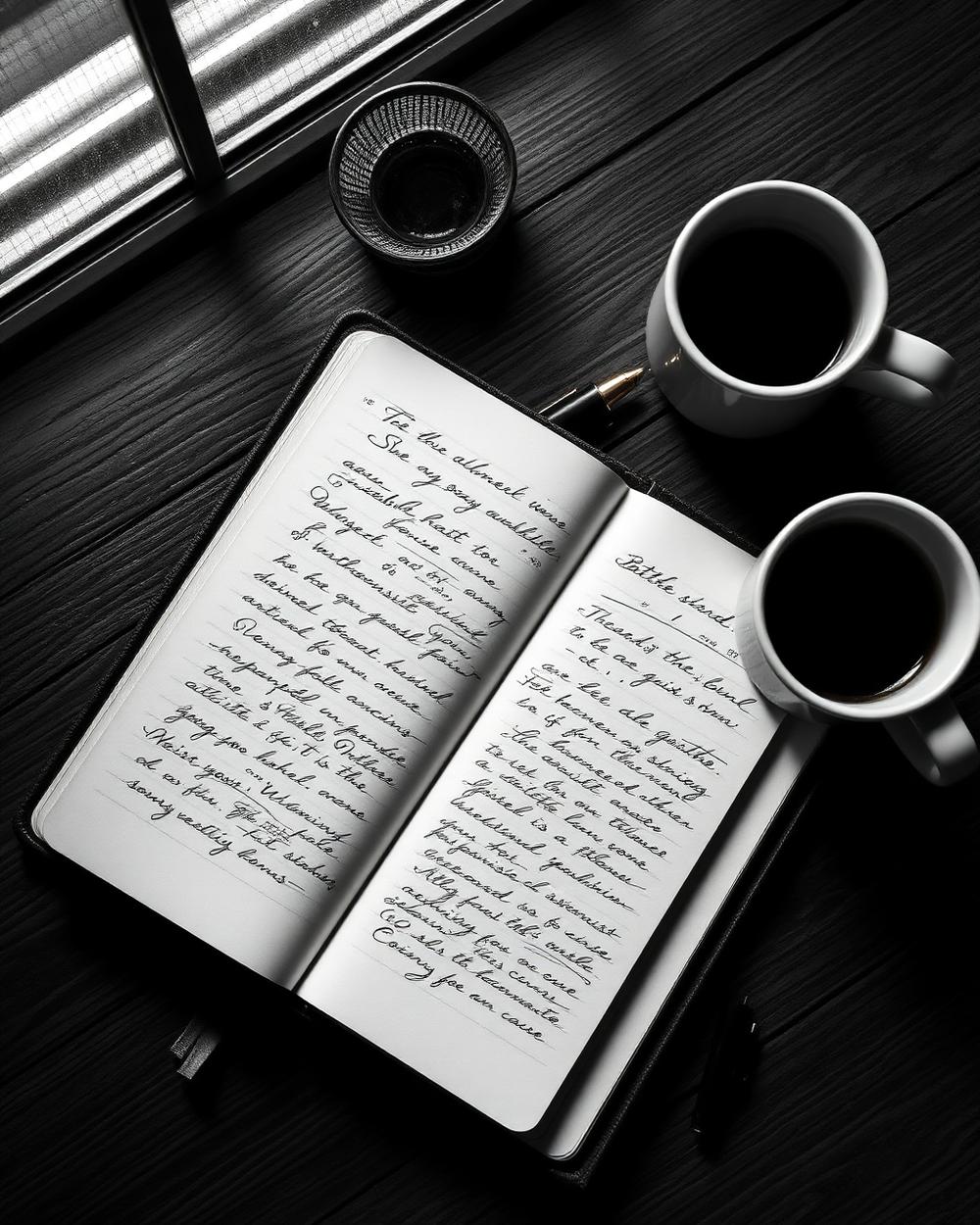 Open notebook with fountain pen and coffee, the daily practice of writing between shipping.